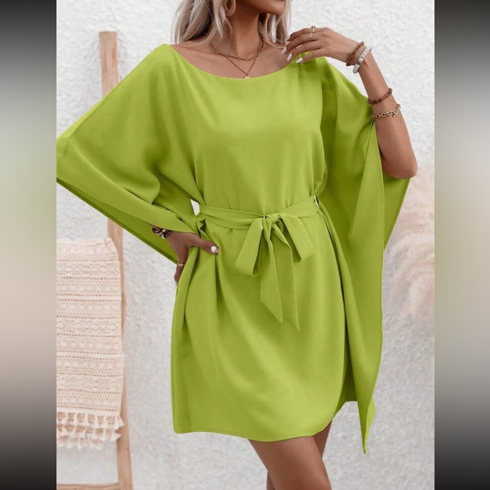 Boho Scoop Neck Kimono Sleeve Belted Mini Dress - Picture 4 of 6